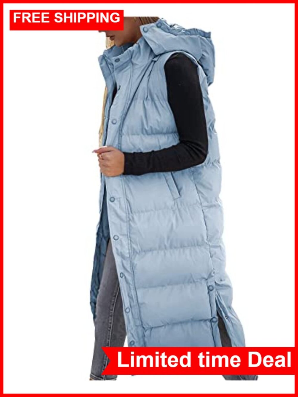 Sleeveless Long Quilted Hooded Puffer Vest Button Down Cotton Padded Winter